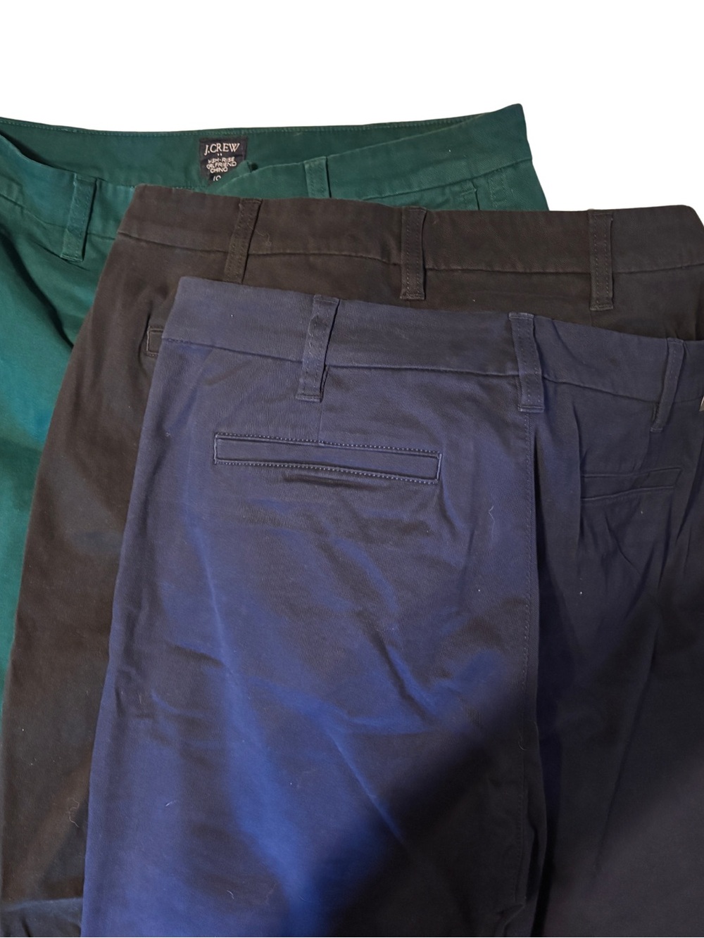 3 J. Crew women's ankle Chinos in Navy, Black, and Green